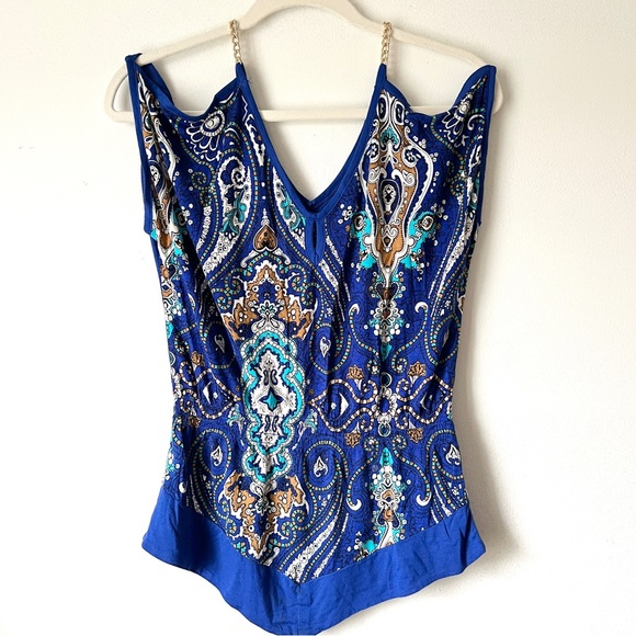 New York & Company cold shoulder blue Paisley top size XS - Picture 2 of 5